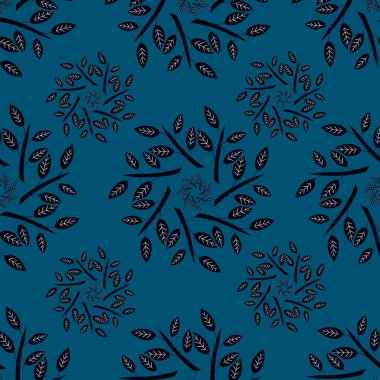 Mavi arkaplanda el çizimi dallar ve böğürtlenlerle kusursuz desenli vektör çizimi