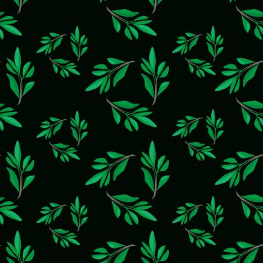 green and black leaves pattern on a black background. vector illustration.