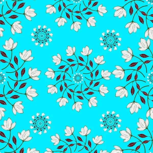 Kusursuz vektör çiçek deseni. Beyaz arkaplanda mavi, gri ve beyaz çiçekler.