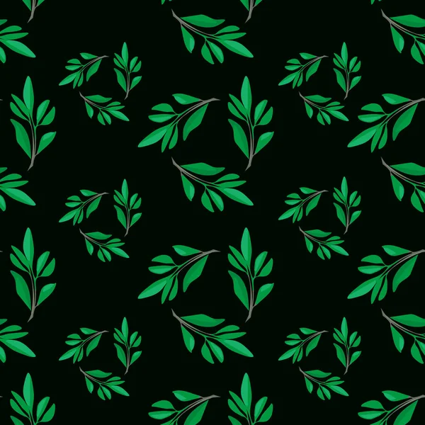 green and black leaves pattern on a black background. vector illustration.
