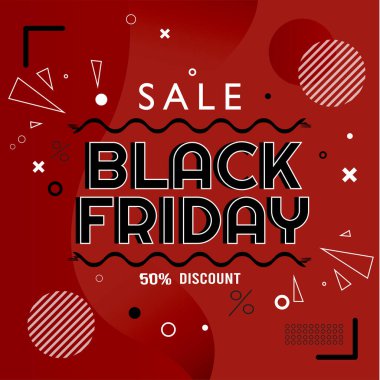 Canlı Kırmızı Arkaplan Üzerine Kalın Siyah ve Beyaz Typography ile Modern Siyah Cuma İndirimi, Geometrik Şekiller, Çemberler ve% 50 İndirimli Satışlar İndirimli Teklif