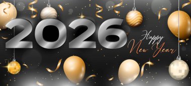 Zarif Yeni Yıl 2026 Gümüş Sayılar, Altın Konfeti ve Siyah ve Gri Gradyan Şölen Süslemeleri ile Kutlama Arkaplanı