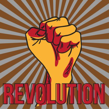 Güçlü devrim grafikleri, kırmızı ve gri bir arka plan, yoğun aktivist ve protesto temaları karşısında yumruğunu kaldırdı.