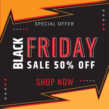 Canlı Kara Cuma Reklamları Kalın Kırmızı, Beyaz ve Sarı Tipografi% 50 İleti, Zigzag Sınırı ve Siyah ve Turuncu Arkaplan Üzerine Özel Teklif Başlığı