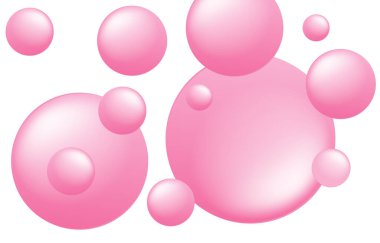 Üst üste binen pembe baloncuklu soyut arkaplan beyaz bir zemin üzerinde, ince gölgeleme, parlak doku, derinlik, hacim ve dinamik kümelenmiş düzenleme içeren farklı boyutlarda.