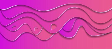 Çağdaş bir tasarım için kağıt kesiği etkisi, derinlik ve akışkan hareketler içeren, mordan mercana katmanlı pembeler halinde katmanlı dalga çizgileri olan yatay soyut arkaplan.