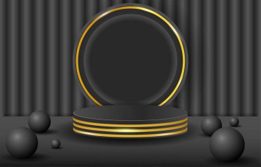 Lüks Siyah ve Altın 3D Ürün Sahne Sahnesi Makyajı Üst Düzey Kozmetik, VIP Mücevher Sunumu Özel Etkinlik Sancağı ve Karanlık Soyut Minimalist Stüdyo Sahnesi.