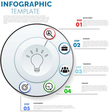 Kurumsal sunumlar için ideal beş adımlı iş süreci bilgi şablonu.