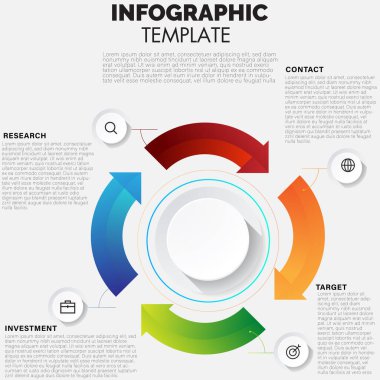 İş döngüsünü detaylandıran modern 5 adımlı dairesel akış bilgi şablonu: dinamik kurumsal sunumlar ve raporlar için sürekli bir döngüde büyük renkli oklar kullanmak.