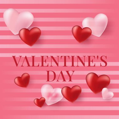 Kırmızı ve Pembe Yatay Çizgili canlı Sevgililer Günü Arkaplanı, Parlak 3D Kalpler ve Kalın Tipografi ile süslenmiş, Romantik tebrik kartları, Dijital Afişler ve Tatil Tanıtımları için ideal