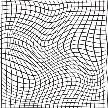Soyut Siyah ve Beyaz Izgara Örnekleri. Dalgalı, Eğri Çizgiler Optik İllüzyon Ağ Dokusunu Yaratıyor. Sayısal Sanat, Teknoloji Arkaplanı veya Arıza Efekti için Psikedelik Vektör Grafiği