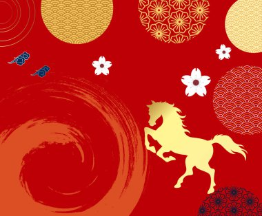 Sanatsal Çin Yeni Yılı 2026 Altın Yükselen At Görünümü, Soyut Turuncu Desenler, Mürekkep Fırçası Vuruşları ve Temiz Beyaz Arkaplan Bulutları