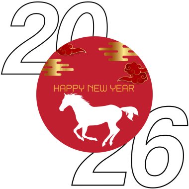 2026 Mutlu Yeni Yıl Çin Zodyak Yılları Beyaz Aygır Görünümü, Kırmızı Güneş, Altın Bulutlar, Doğulu Ay Kutlaması Grafikleri, Tebrik Kartı Tasarım Elemanı