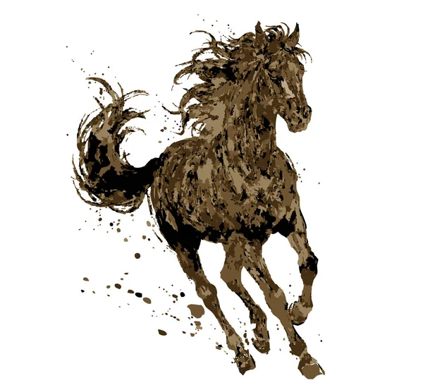 El Çizimi Mürekkep Tarzı Dörtnala At İllüstrasyonu, Sanatsal Kahverengi Aygır Silüeti Boya Dökümlü, 2026 Yılında Beyaz Arkaplan Üzerinde Çin Zodiac Hayvan Grafiği