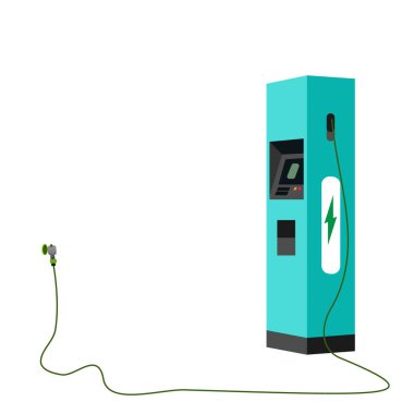 Beyaz zemin üzerinde yeşil kablo izole edilmiş elektrikli araç EV şarj istasyonu terminali; temiz enerji ve gelecekteki şehir için çevre dostu sürdürülebilir ulaşım altyapısı vektörü