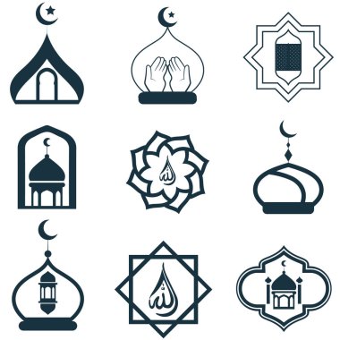 Cami Evleri 'ne Dua Eden Elleri Arap Kaligrafi ve Fenerleri, Hilal Ay ile Dini Vektör İllüzyonu ve Tasarım için Arabesque Geometrik Çerçeveleri