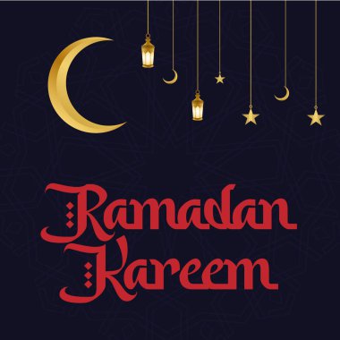 Ramazan Kareem, Koyu Kırmızı Kaligrafi ile Donanma Mavi Arkaplan, İslami Kutsal Ay Tasarımı Altın Hilal Fenerli