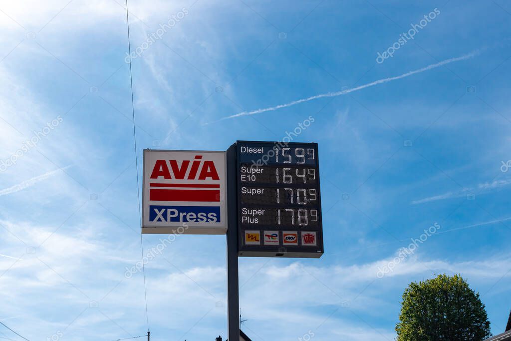 Stuttgart, Germany- April 27, 2025: AVIA International, a Switzerland independent petroleum importers distributed in Europe. Petrol station pricing advertising sign in Stuttgart
