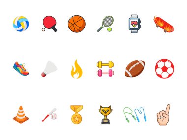 Beyaz arka planda çeşitli spor ekipmanları, ödüller ve atletik sembolleri temsil eden canlı bir düz dizayn ikonu koleksiyonu..