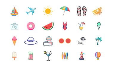 El çizimi yaz ikonlarının renkli bir çeşidi, plaj esasları, tropikal meyveler ve tatil aktiviteleri, tasarım projeleri için mükemmel..