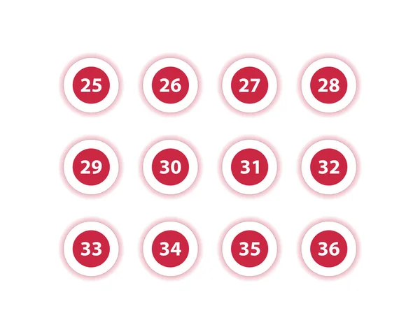 Red Circle Number Bullets in flat design style 25 to 36