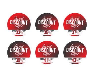 33, 35, 37, 39, 41,% 43 özel teklif etiketleri kırmızı ve siyah dairesel tasarım