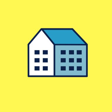 Ev simgesi, imza ve sembol simgesi. Sarı arka planlı düz vektör çizgisi. Yumuşak mavi renk. Simge arayüzü, afiş, düzen, sosyal medya postası, broşür ve mobil uygulamalar için minimalist illüstrasyon.