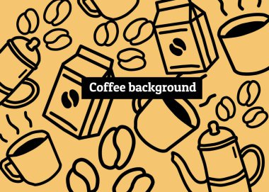 Kahverengi arka planlı kafe illüstrasyonu, kahve paketi, menü çizimi el yazısı ilanları, kahve işi, kahve dükkanı.