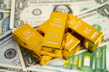 ABD doları ve Euro banknotu parasıyla altın külçeleri, finans sektörü yatırım para birimi.