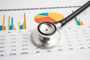 Çizelge üzerinde steteskop veya grafik kağıdı, Finansal, hesap, istatistik ve iş verileri tıbbi sağlığı.