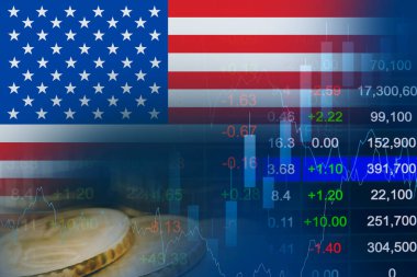 ABD bayrağı borsa finansmanı, ekonomi grafiği dijital teknolojisi ile.