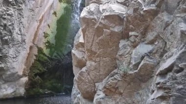 İnce bir şelalenin, yosunlu bir kaya yüzeyinden Kıbrıs dağ geçidinde sakin bir havuza yuvarlanmasının, ham jeolojik güzelliğin ve ideal bir yürüyüş yapmanın görüntüsü.