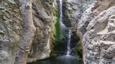 İnce bir şelalenin, yosunlu bir kaya yüzeyinden Kıbrıs dağ geçidinde sakin bir havuza yuvarlanmasının, ham jeolojik güzelliğin ve ideal bir yürüyüş yapmanın görüntüsü.