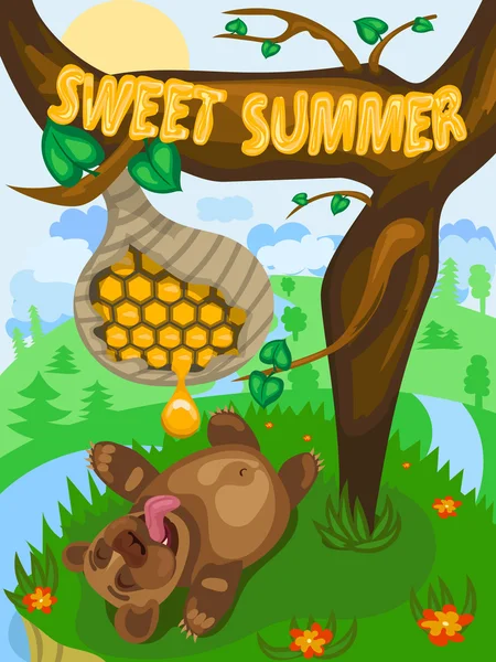 Ursul de desene animate și miere — Vector de stoc