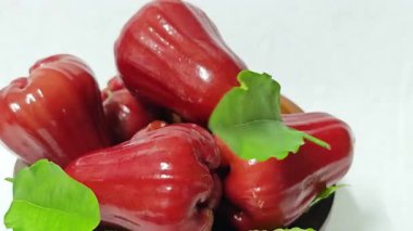 Beyaz arkaplandaki sulu kırmızı gül elmaları. 