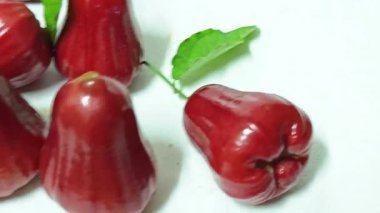 Beyaz arkaplandaki sulu kırmızı gül elmaları. 