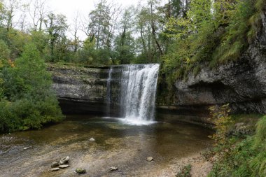Cennet şelalesi ve havuzu olan güzel bir sonbahar ormanı.
