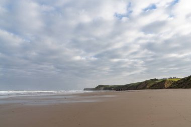 Uzun yeşil çimenli kayalıklar okyanus kıyısına ve büyük güzel kumlu plaja düşüyor.
