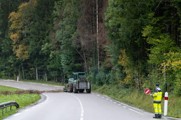 Bonlieu França Outubro 2020 Trabalhadores Cortam Árvores Uma Estrada Rural — Fotografia de Stock