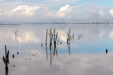Sado Nehri Estuary 'deki Cais Palatifico' daki kırık eski rıhtım ve iskelelerin manzarası.