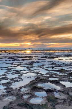 Okyanusun üzerinde kayalık plajlı ve ön planda gelgit havuzlu güzel bir gün batımının dikey görüntüsü.