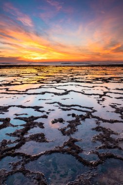 Okyanusun üzerinde kayalık plajlı ve ön planda gelgit havuzlu güzel bir gün batımının dikey görüntüsü.
