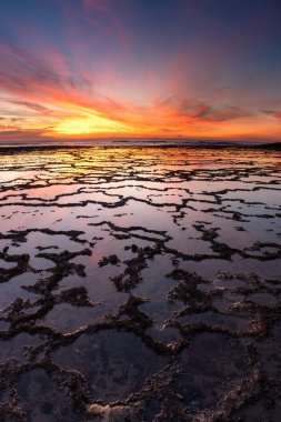 Okyanusun üzerinde kayalık plajlı ve ön planda gelgit havuzlu güzel bir gün batımının dikey görüntüsü.