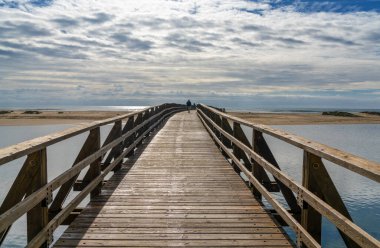 Endülüs 'teki La Gaviota Sahili' ne ulaşmak için uzun tahta kaldırımdan geçen insanların görüntüsü