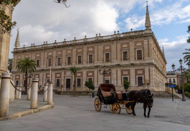 Seville, İspanya - 10 Ocak 2021: Boş at arabası turistleri Plaza del Triunfo Meydanı 'nda bekliyor.