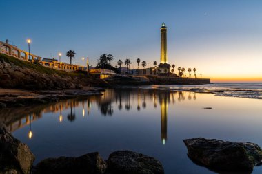 A horizontal view of the Chipiona lighthouse in Andalusia at sunset clipart