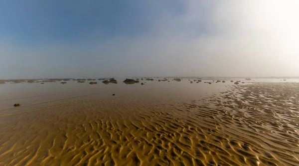 Sis Manzarası Alçak Gelgitte Sonsuz Bir Deniz Sahilinin Üzerinden Yükseliyor — Stok fotoğraf