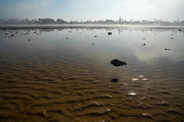 Viele Riesige Gezeitenpools Wattenmeer Bei Ebbe Mit Der Küste Hintergrund — Stockfoto