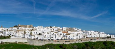Vejer de la Frontera, İspanya - 17 Ocak 2021: Endülüs 'ün tarihi beyazlatılmış Vejer de la Frontera köyünün panoraması