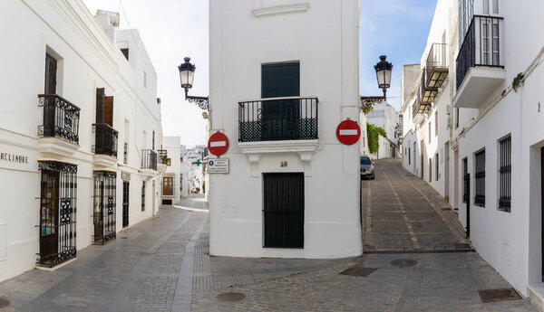 Vejer de la Frontera, Spain - 17 January, 2021: narrow alleys in the historic old center of Vejer de la Frontera